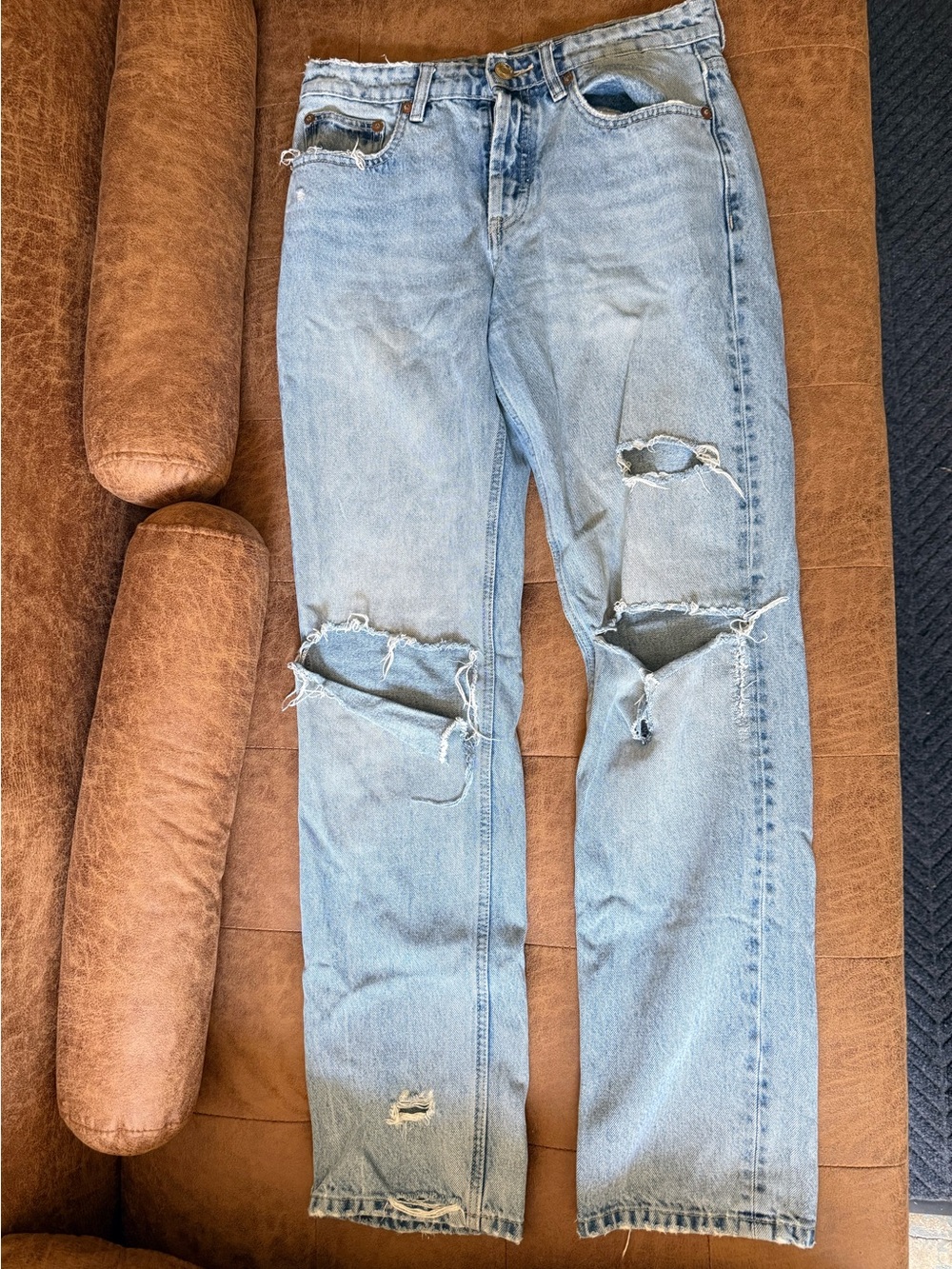 Zara Low Rise Distressed Straight-Leg Jeans
